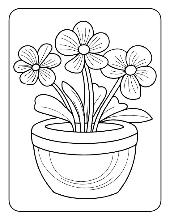Three small flowers with five petals and leaves rising from a curvy pot on a coloring page