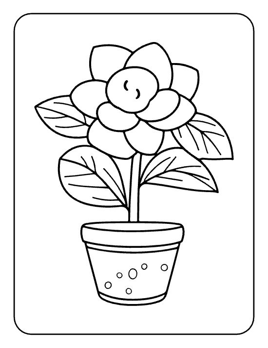 Layered flower with smiling face and four veined leaves in a dotted pot on a coloring page