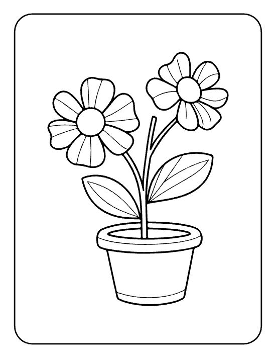 Two six petal flowers with two leaves rising from a round pot drawn bold and easy