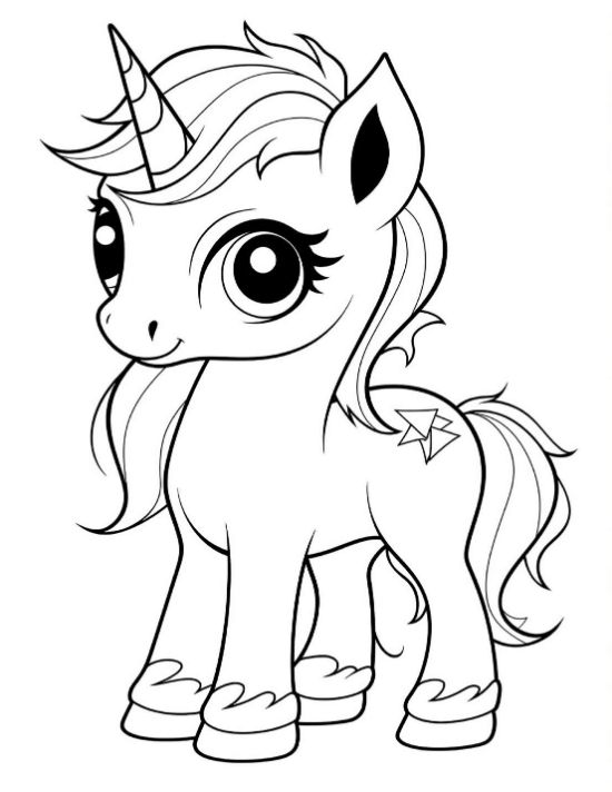 Cute baby unicorn with shooting star mark and a wavy mane standing on a coloring sheet