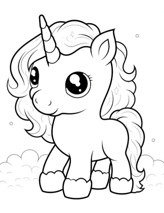 Tiny baby unicorn with curly mane standing on a small cloud on a unicorn coloring page