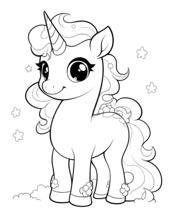 Smiling baby unicorn in a flower meadow with tiny stars on a unicorn coloring page