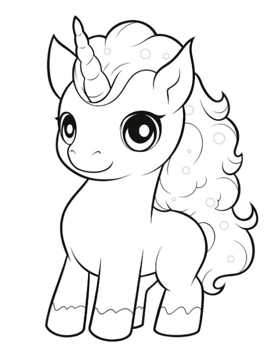 Cute baby unicorn with sparkles in a curly mane smiling sweetly on a unicorn coloring sheet