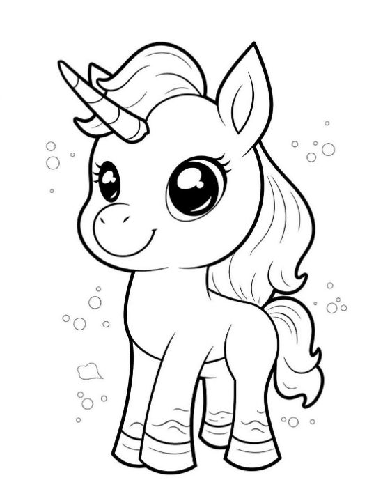 Standing baby unicorn with bubbles and stars around its body on a unicorn coloring page