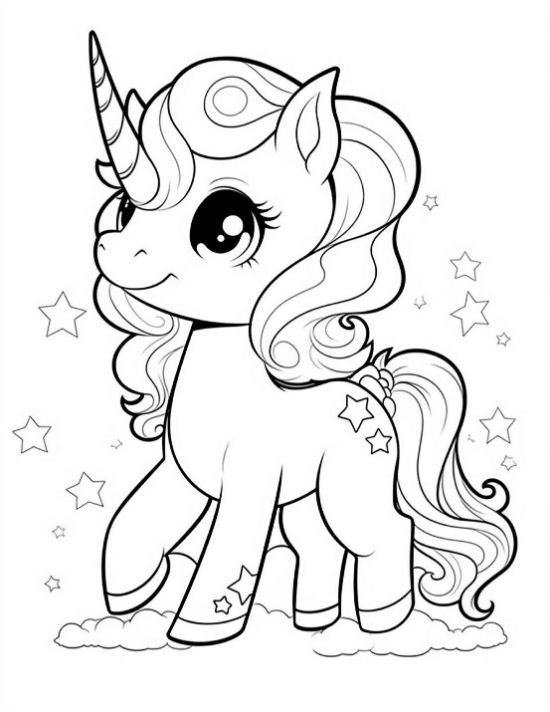 Walking baby unicorn with stars on body stepping on a tiny cloud drawn bold and easy