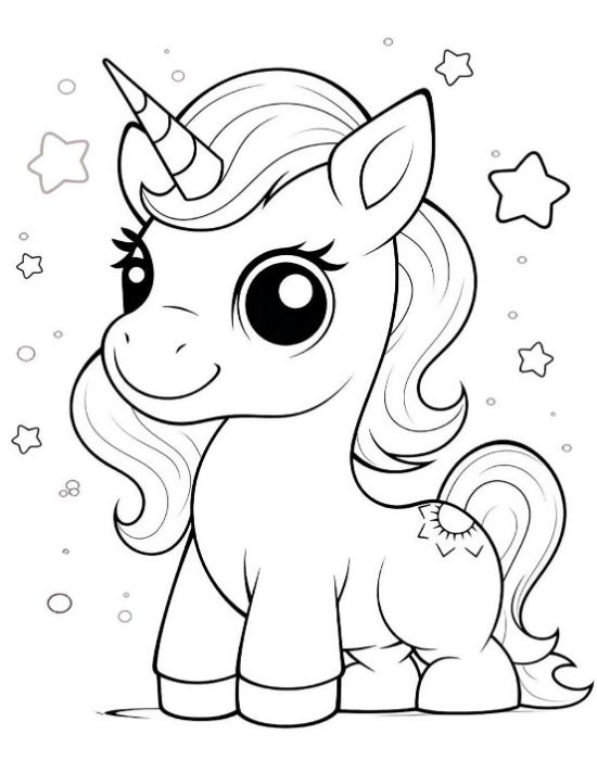 Smiling baby unicorn with a sun mark and starbursts around its body on a coloring page
