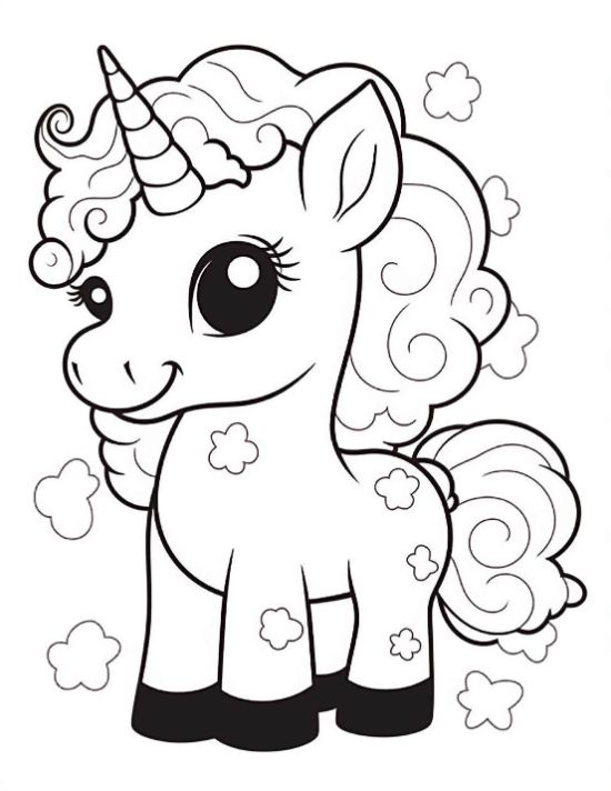 Sweet baby unicorn with curly mane surrounded by cloud puffs on a unicorn coloring sheet