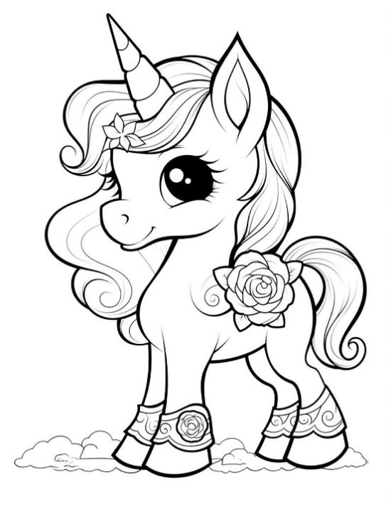Standing baby unicorn with a rose on its side and lace edged socks on a coloring page