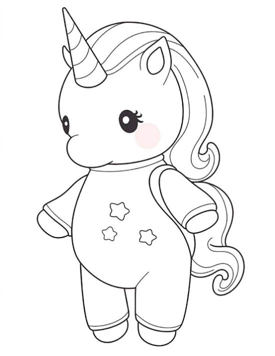 Plump baby unicorn in a star printed onesie standing tall on a unicorn coloring sheet
