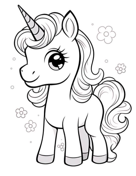 Smiling baby unicorn surrounded by little flowers and dots drawn bold and easy