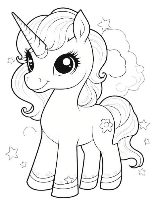 Cute baby unicorn with a tiny flower mark and patterned socks among stars on a coloring page