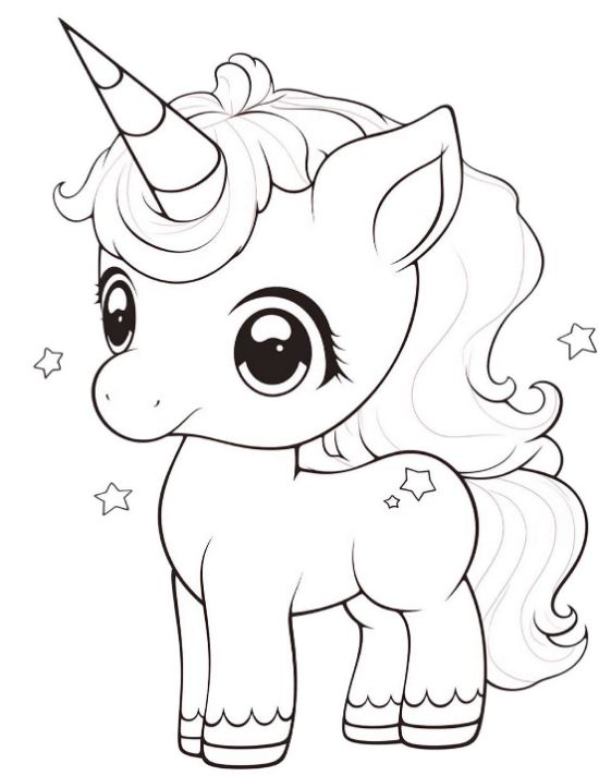 Plump baby unicorn with big head and a star tattoo on rump on a unicorn coloring page