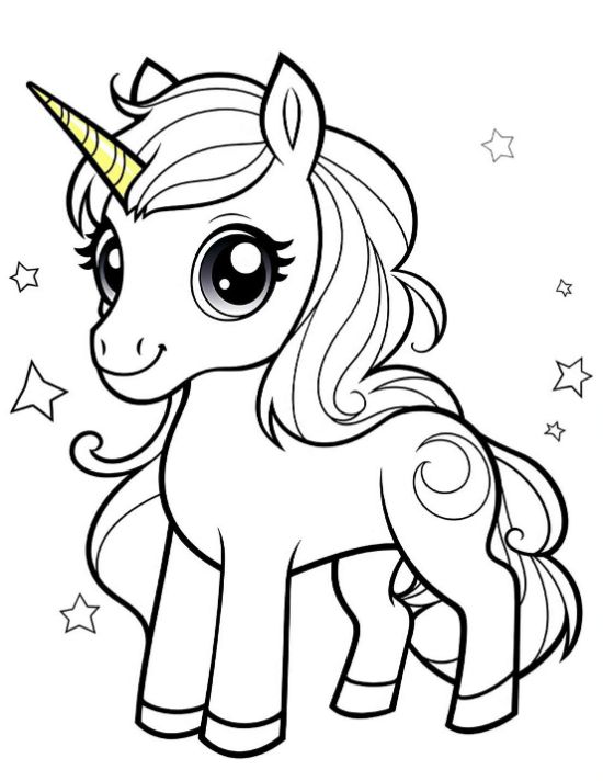 Smiling baby unicorn with a highlighted horn and swirl mark among stars on a coloring sheet