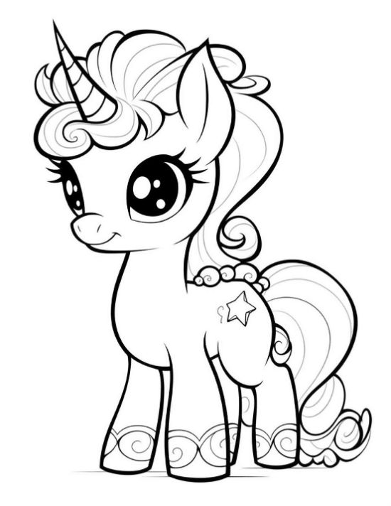 Standing baby unicorn with a star tattoo and swirl hemmed legs drawn bold and easy