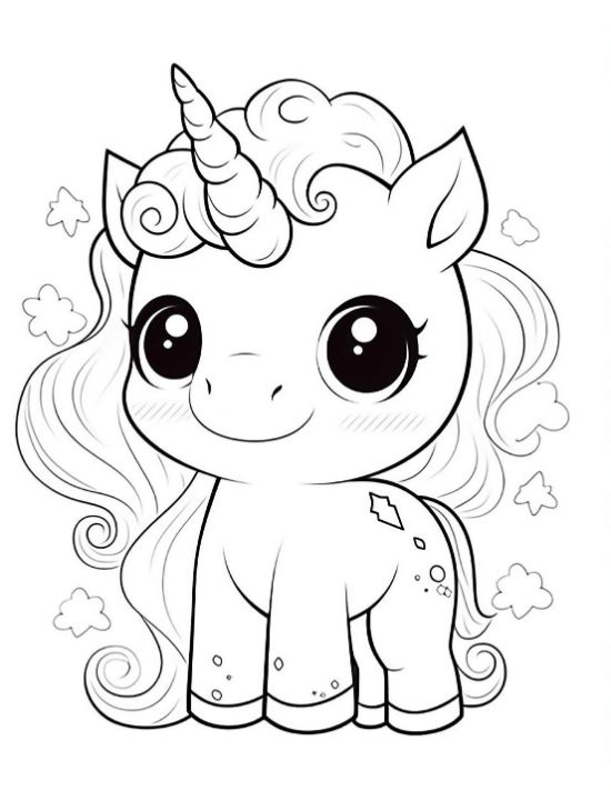 Smiling baby unicorn with a tiny diamond mark and cloud accents around on a coloring page