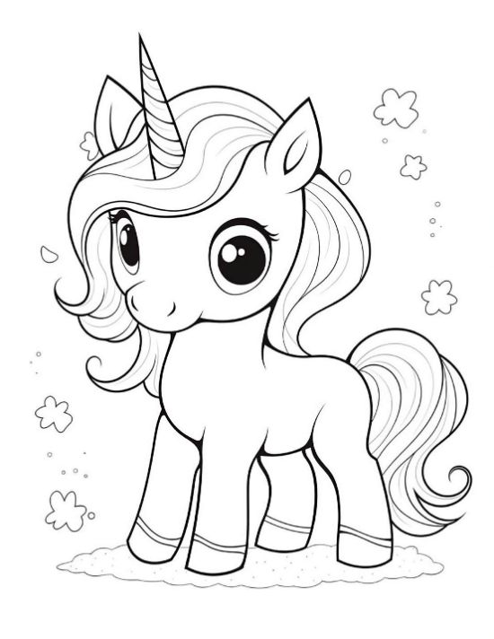 Walking baby unicorn with curly mane and flower clouds around on a unicorn coloring sheet