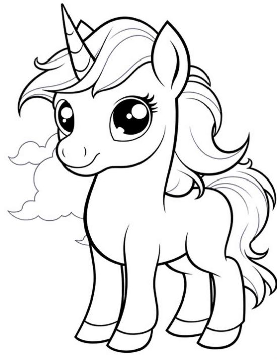 Sweet baby unicorn with curly mane standing among soft cloud trails on a coloring page