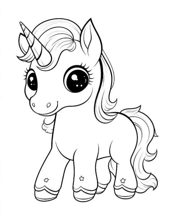 Standing baby unicorn with tiny stars on each ankle drawn bold and easy