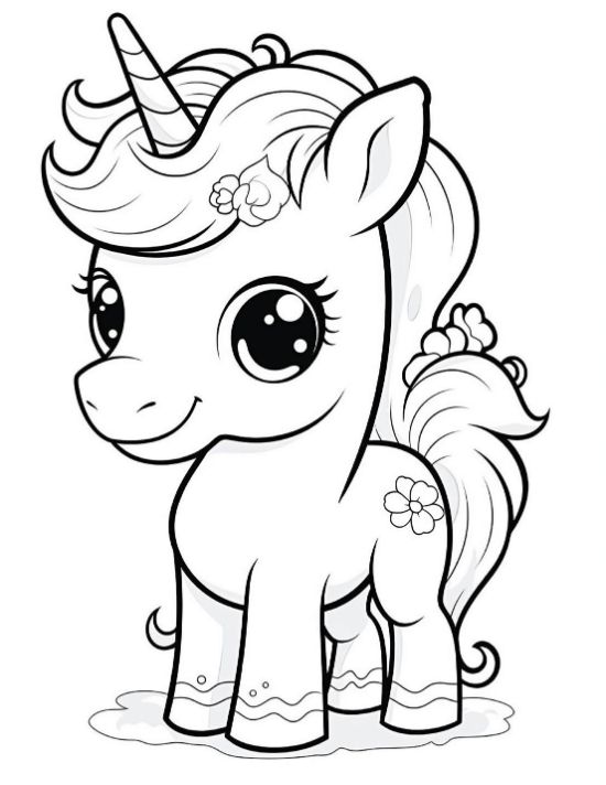 Smiling baby unicorn with a flower mark and ribbon hemmed legs on a coloring page