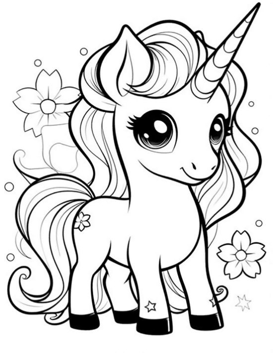 Smiling baby unicorn among cherry blossoms with tiny stars on its hooves on a coloring page