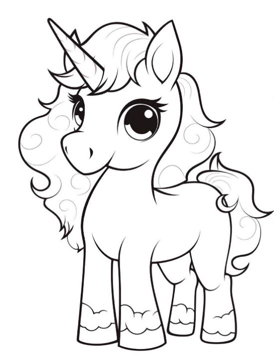 Cute baby unicorn with a swirling curly mane and cloud topped hooves on a coloring page