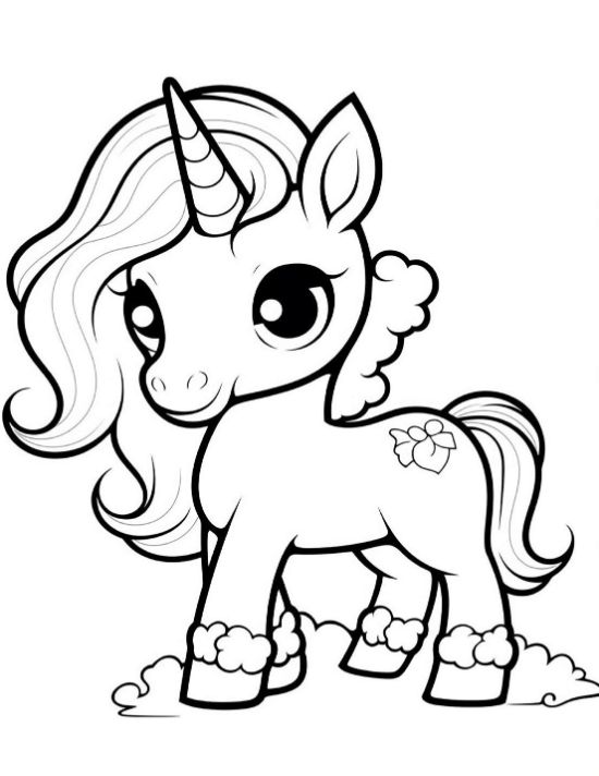 Standing baby unicorn with pom pom hooves and a ribbon tied mane on a coloring sheet