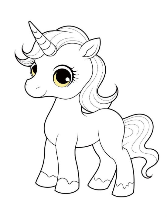 Cute baby unicorn with a twin tipped horn and a long curly tail drawn bold and easy