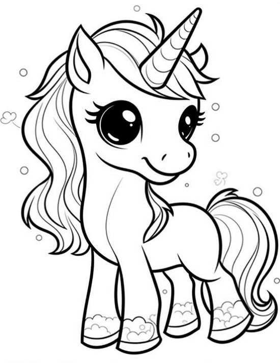 Smiling baby unicorn with cloud topped hooves and a soft curly mane on a coloring page
