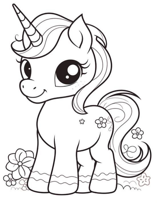Standing baby unicorn with a flower mark and scallop edged socks on a coloring page