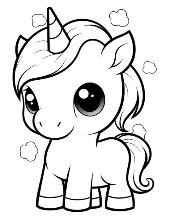 Round chibi baby unicorn with cloud puffs around drawn bold and easy