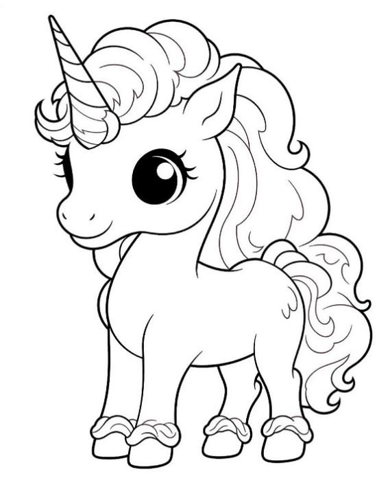 Cute baby unicorn with a very poofy mane and matching curly tail on a unicorn coloring sheet