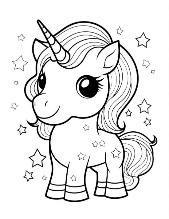 Smiling baby unicorn with tiny stars all across its body and around it on a coloring page