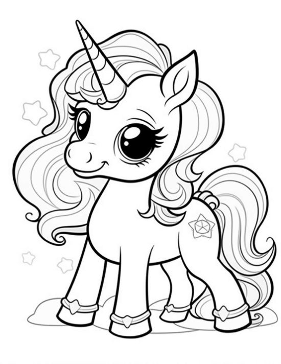 Cute baby unicorn with a big curly mane and a diamond mark on rump on a coloring page