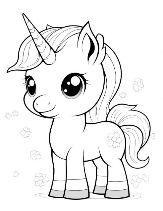 Sweet baby unicorn with curly mane standing among cherry blossoms drawn bold and easy