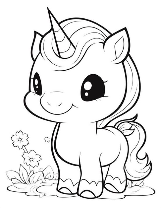 Sweet baby unicorn standing beside tiny flowers and grass drawn bold and easy