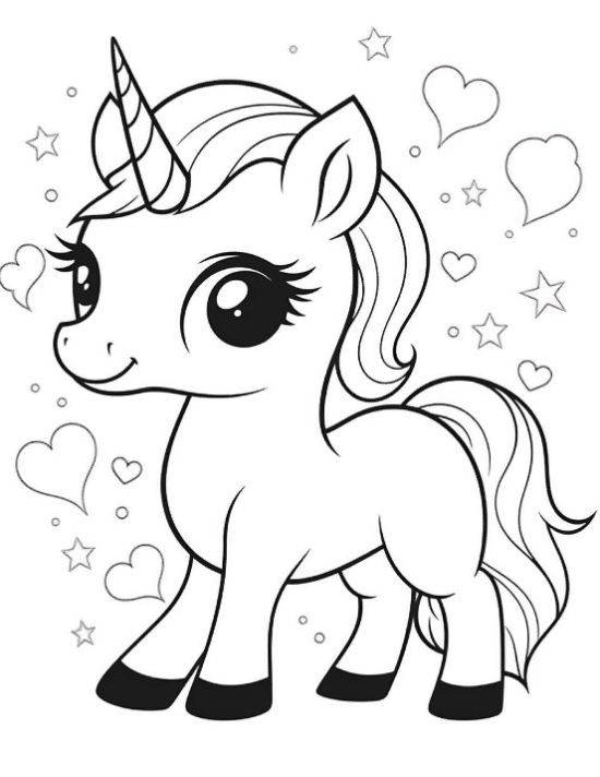 Cute baby unicorn surrounded by hearts and tiny stars on a unicorn coloring sheet