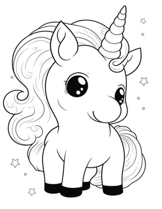 Cute baby unicorn with a long wavy mane and sock detail on its hooves on a coloring page