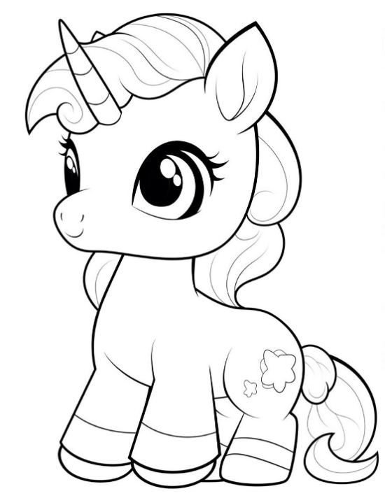 Plump baby unicorn with very big sparkling eyes and a curly mane on a unicorn coloring page