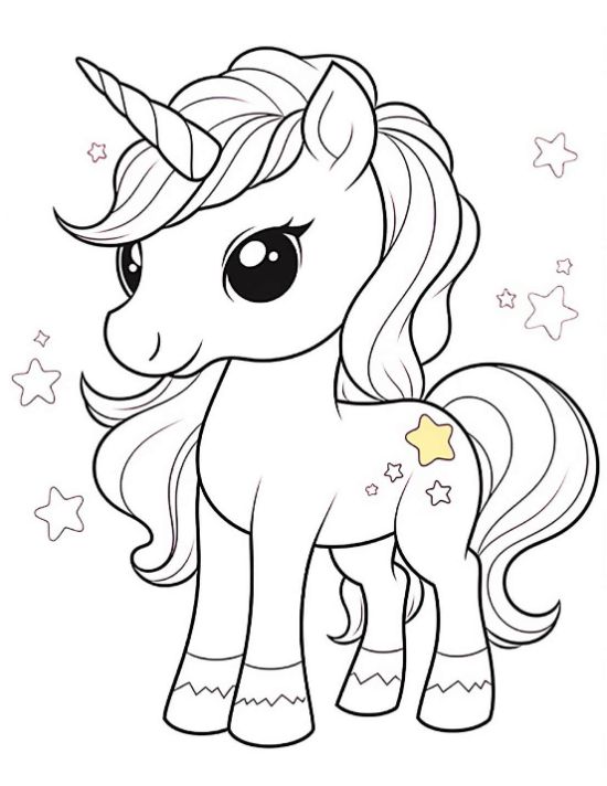Smiling baby unicorn with a yellow star tattoo and ribbed patterned socks on a coloring sheet