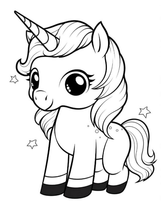 Standing baby unicorn with curly mane and tiny bubble dots around on a coloring page