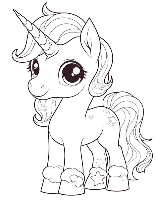 Standing baby unicorn with cloud topped hooves and tiny stars on body drawn bold and easy