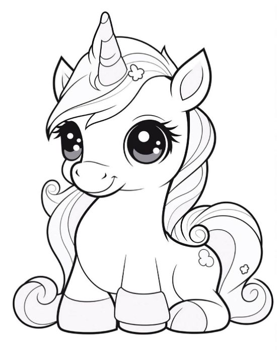 Sitting baby unicorn with curly side curls and a small butterfly mark on a coloring page