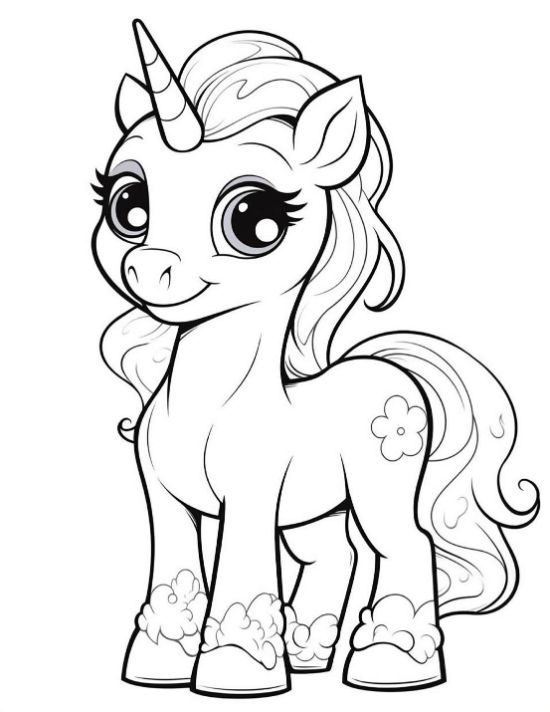 Cute baby unicorn with a flower mark and curly hoof fluff smiling on a unicorn coloring sheet