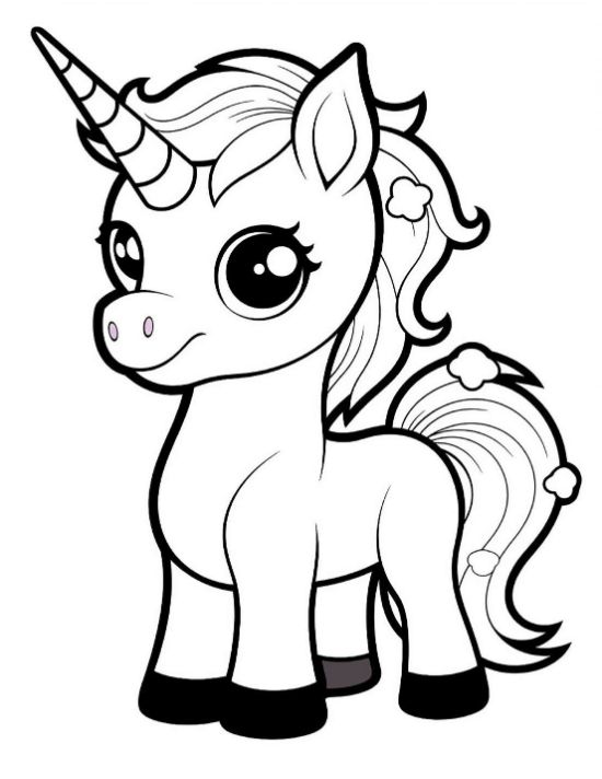 Smiling unicorn with pom pom tied mane and curly tail standing sweetly on a coloring page
