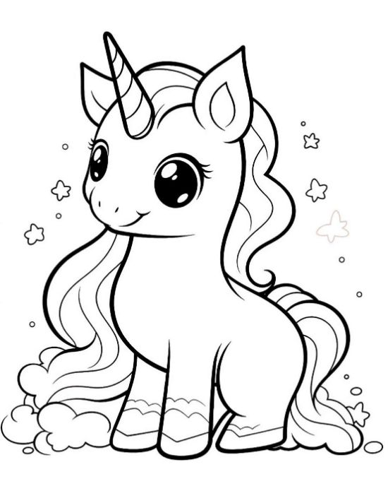 Sitting baby unicorn with curly mane resting on a soft cloud base on a coloring page
