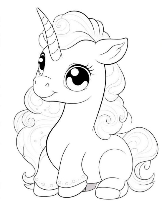 Sitting plump baby unicorn with very curly mane and tail drawn bold and easy