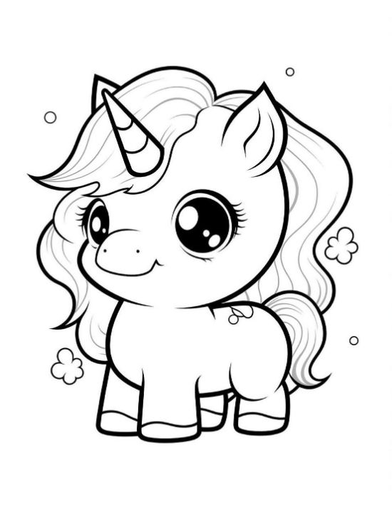 Tiny baby unicorn with little cloud puffs around its body on a unicorn coloring page