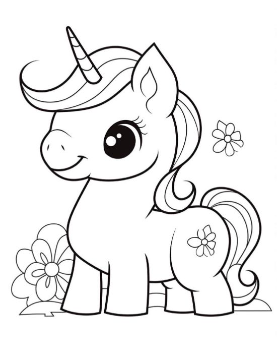 Smiling baby unicorn in a flower meadow with a flower mark on rump on a coloring sheet