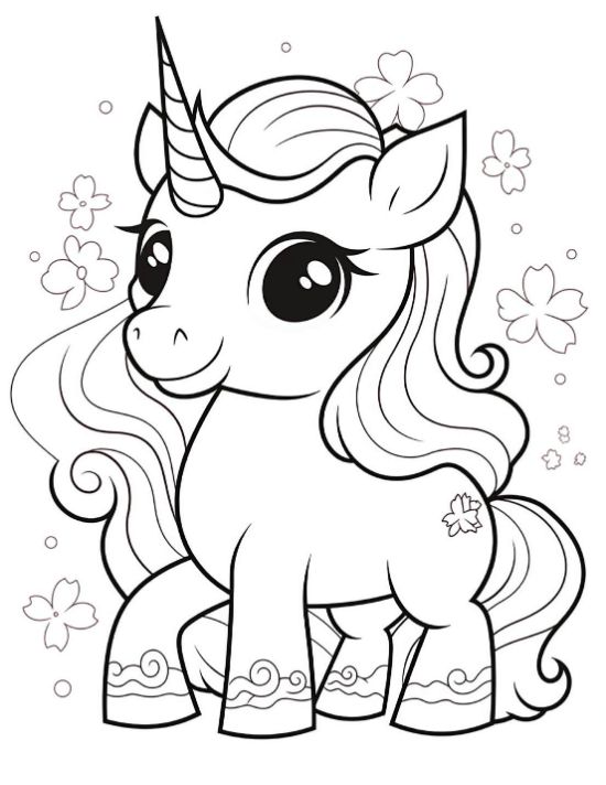 Cute baby unicorn surrounded by cherry blossoms with patterned socks on a coloring sheet