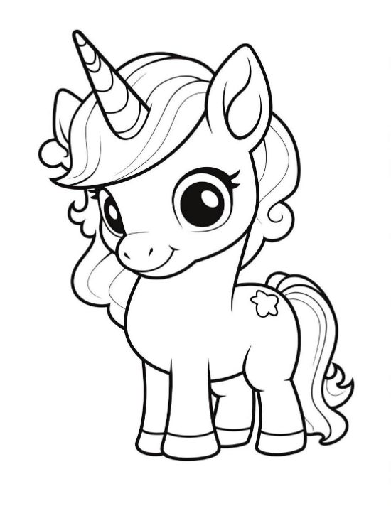 Standing baby unicorn with ribbon tied mane and tiny flower mark on rump on a coloring page